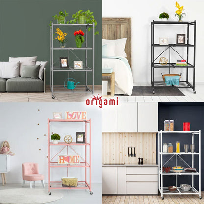 Origami 4 Tier Multipurpose Folding Storage Rack with Wheels, 4 Pack, Gray - 414443