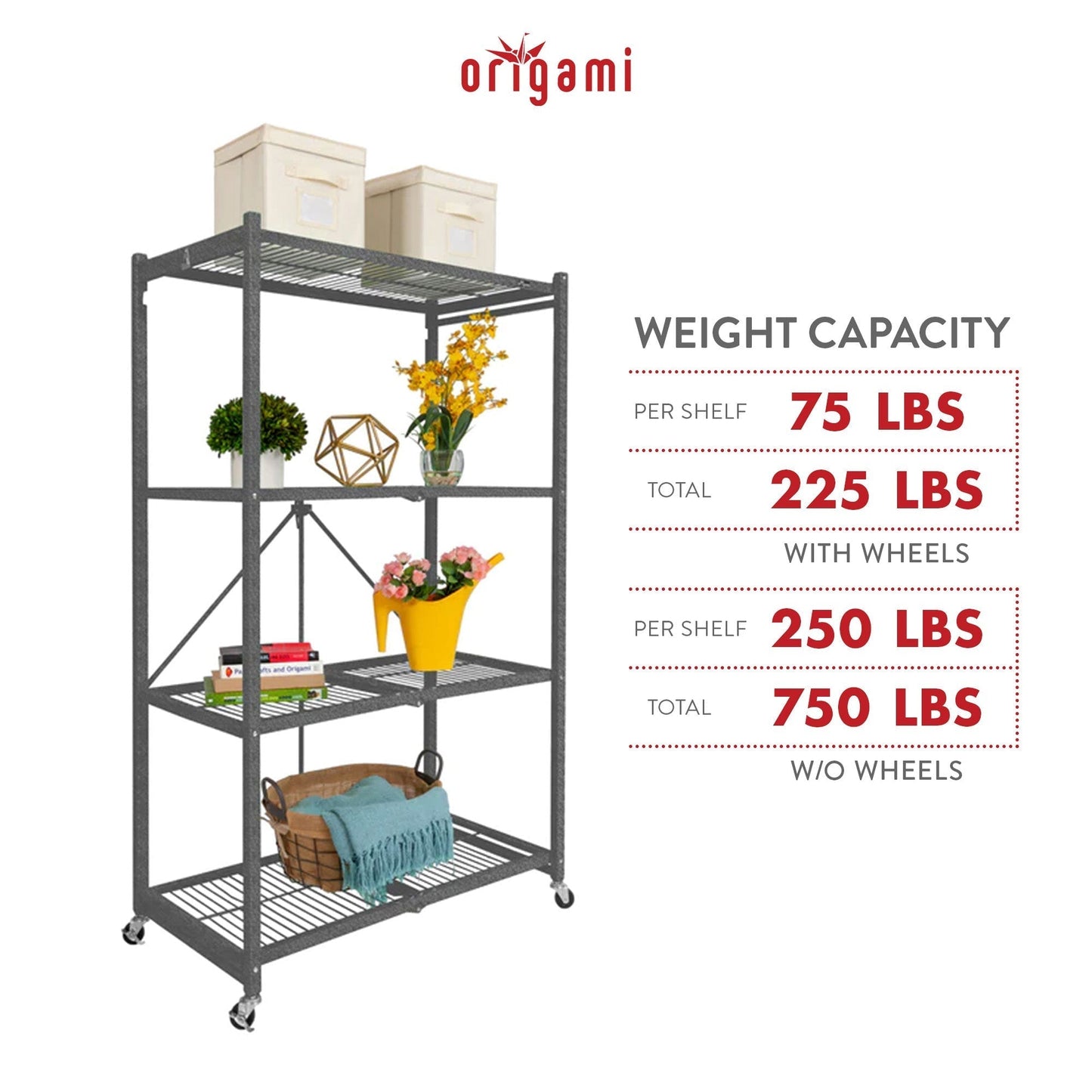 Origami 4 Tier Multipurpose Folding Storage Rack with Wheels, 3 Pack, Gray - 414442