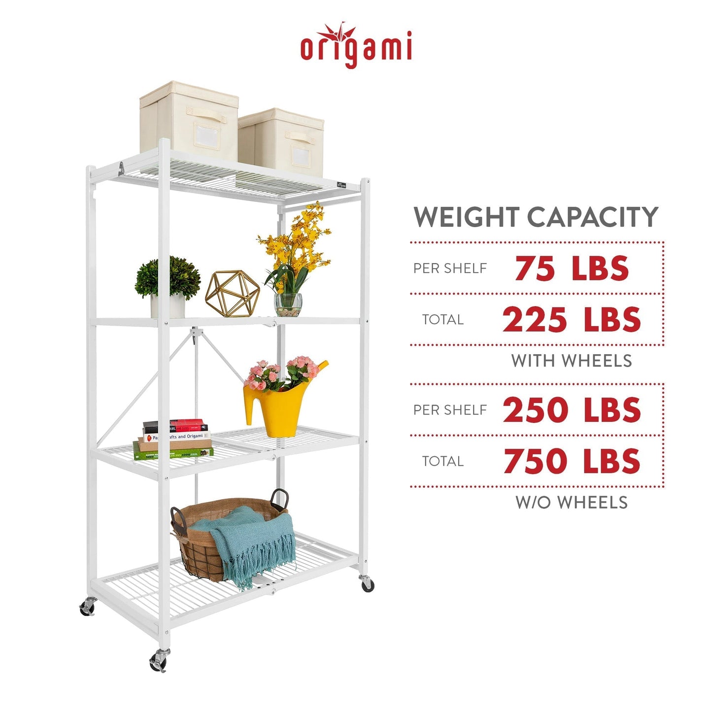 Origami 3-Pack R5-06W 4-Wheel 4-Shelf Folding Steel Wire Shelving Storage, White - 415204