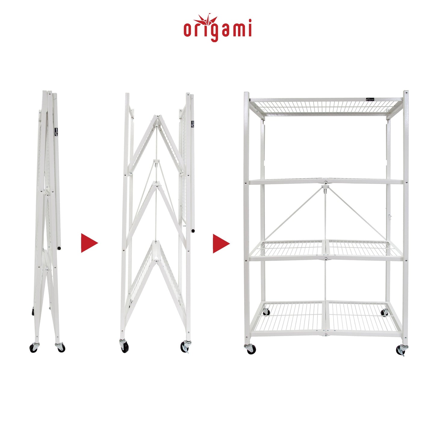 Origami 3-Pack R5-06W 4-Wheel 4-Shelf Folding Steel Wire Shelving Storage, White - 415204
