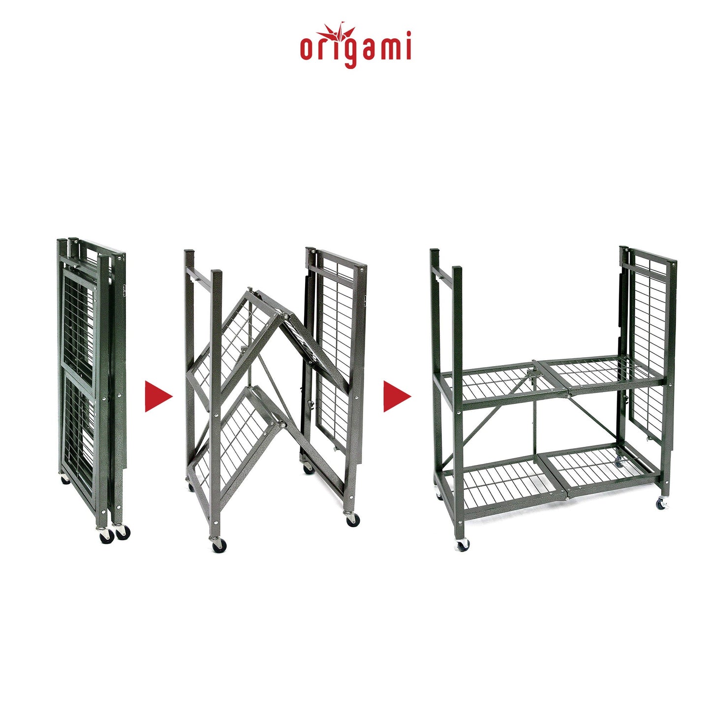 Origami R3 Foldable 3-Tiered Shelf Storage Rack & Wheels, Pewter (6 Pack) - 253009