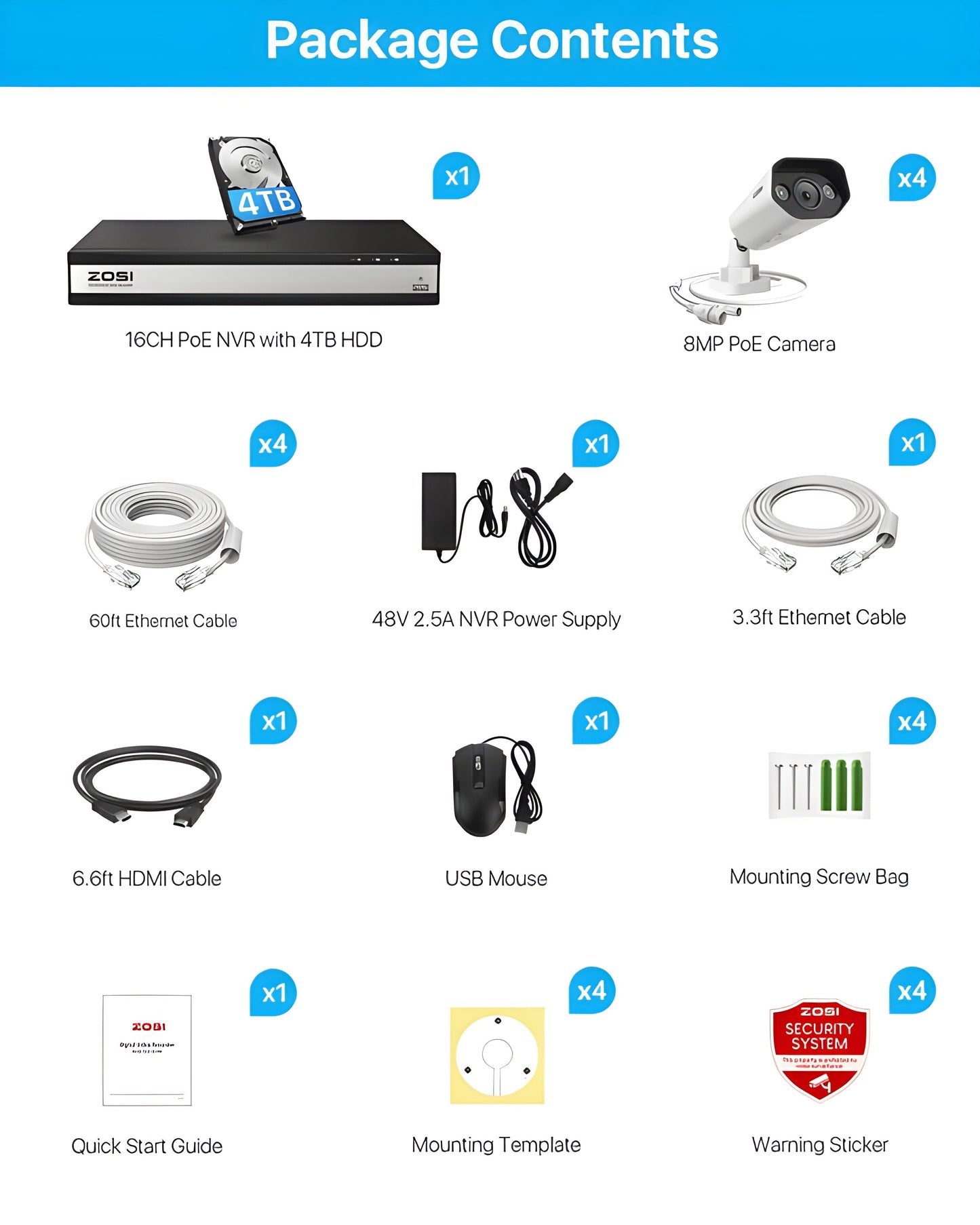 Zosi C182 4K 16CH 4 Camera Spotlight PoE Security System + 4TB Hard Drive - C182 4K 16CH