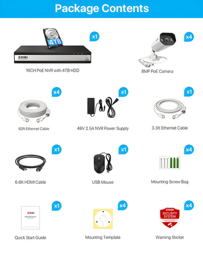 Zosi C182 4K 16CH 4 Camera Spotlight PoE Security System + 4TB Hard Drive - C182 4K 16CH