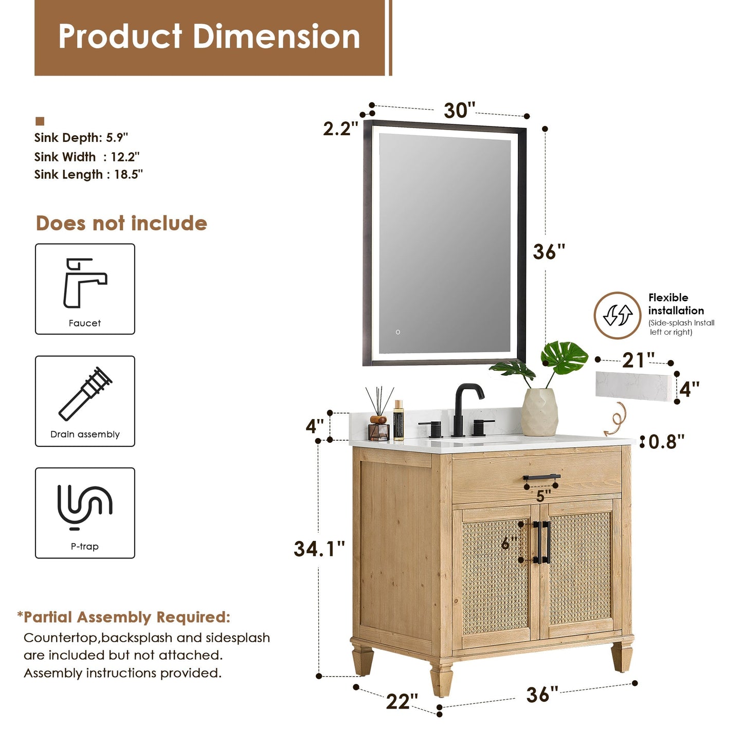 Altair Designs Salome 36"/48"/60"/72"/84" single/double vanity with top - 571036-WF-GW-NM