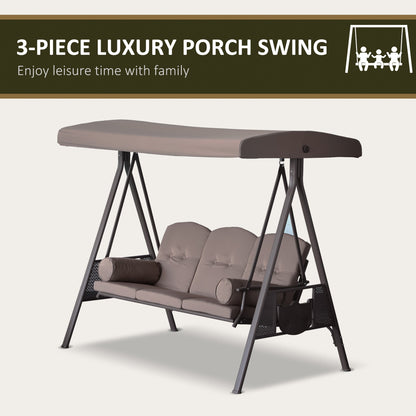 3-Seat Patio Swing Chair with Adjustable Canopy, Removable Cushion & Side Trays, Brown - 84A-068BN