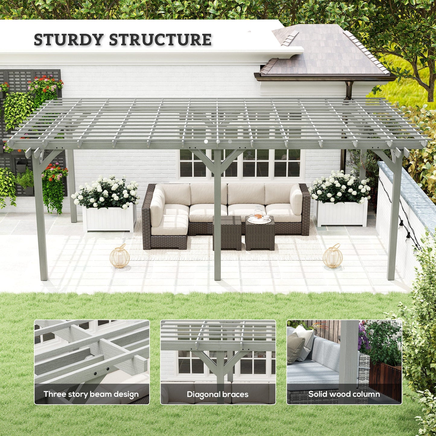 12' x 20' Wood Pergola with Sturdy Trellis for Climbing Plants, Gray