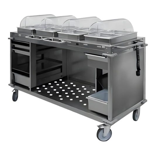 Cadco MobileServ 70 1/4" x 31 1/2" Mobile Food Cart with 4 Heated Wells CBC-HHHH - 1,200W, 120V - CBC-HHHH