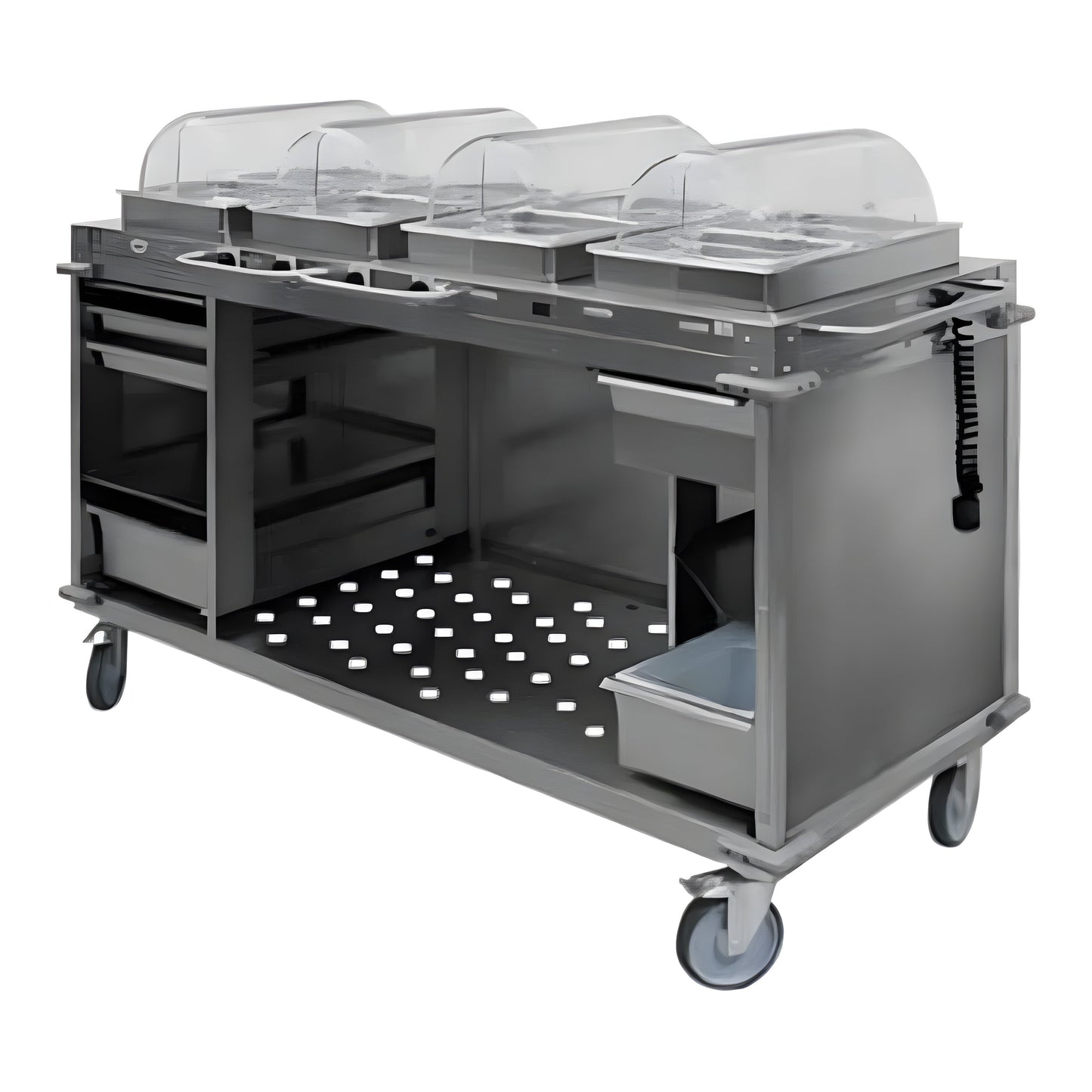 Cadco MobileServ 70 1/4" x 31 1/2" Mobile Food Cart with 4 Heated Wells CBC-HHHH - 1,200W, 120V - CBC-HHHH