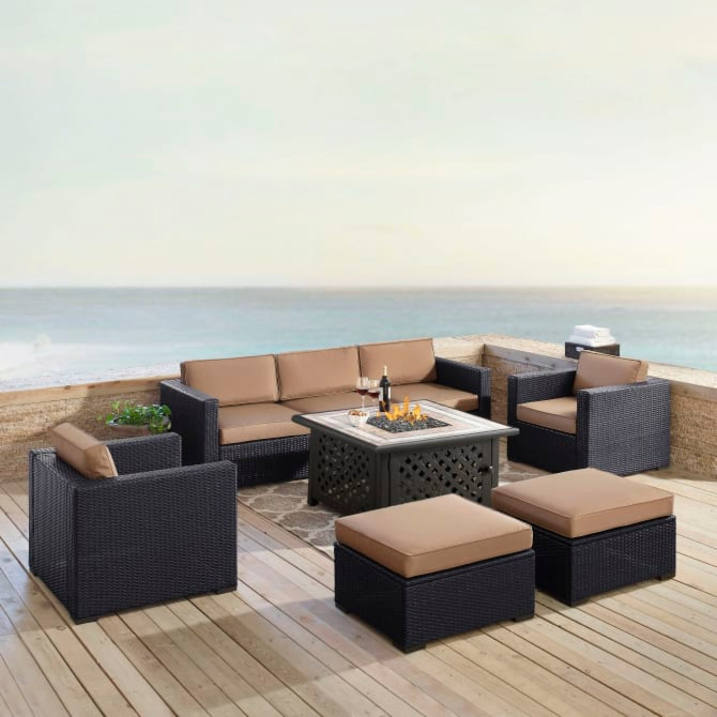 Crosley Biscayne 150.75 Inch 7pc Outdoor Wicker Sectional Set W/Fire Table - KO70116BR