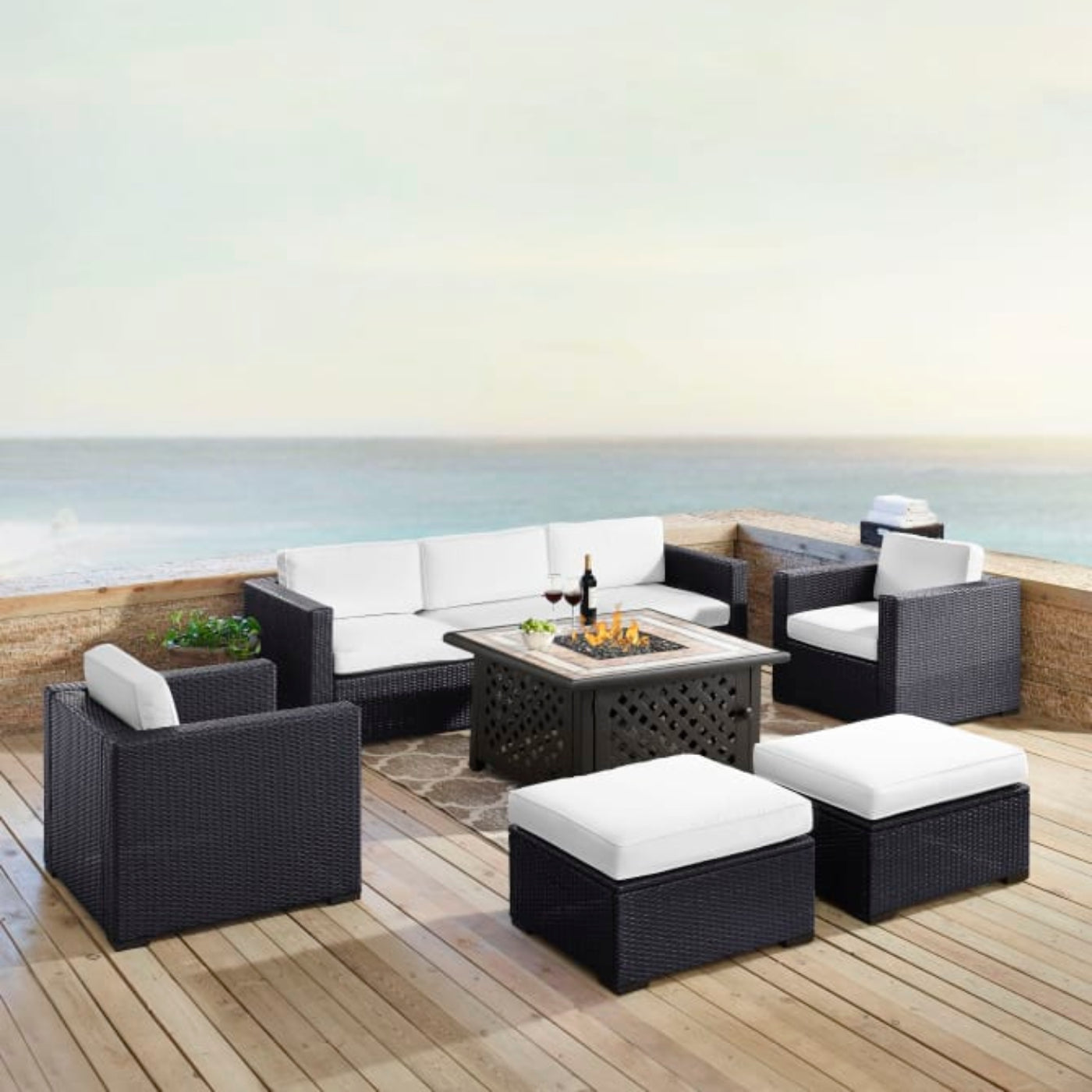 Crosley Biscayne 150.75 Inch 7pc Outdoor Wicker Sectional Set W/Fire Table - KO70116BR