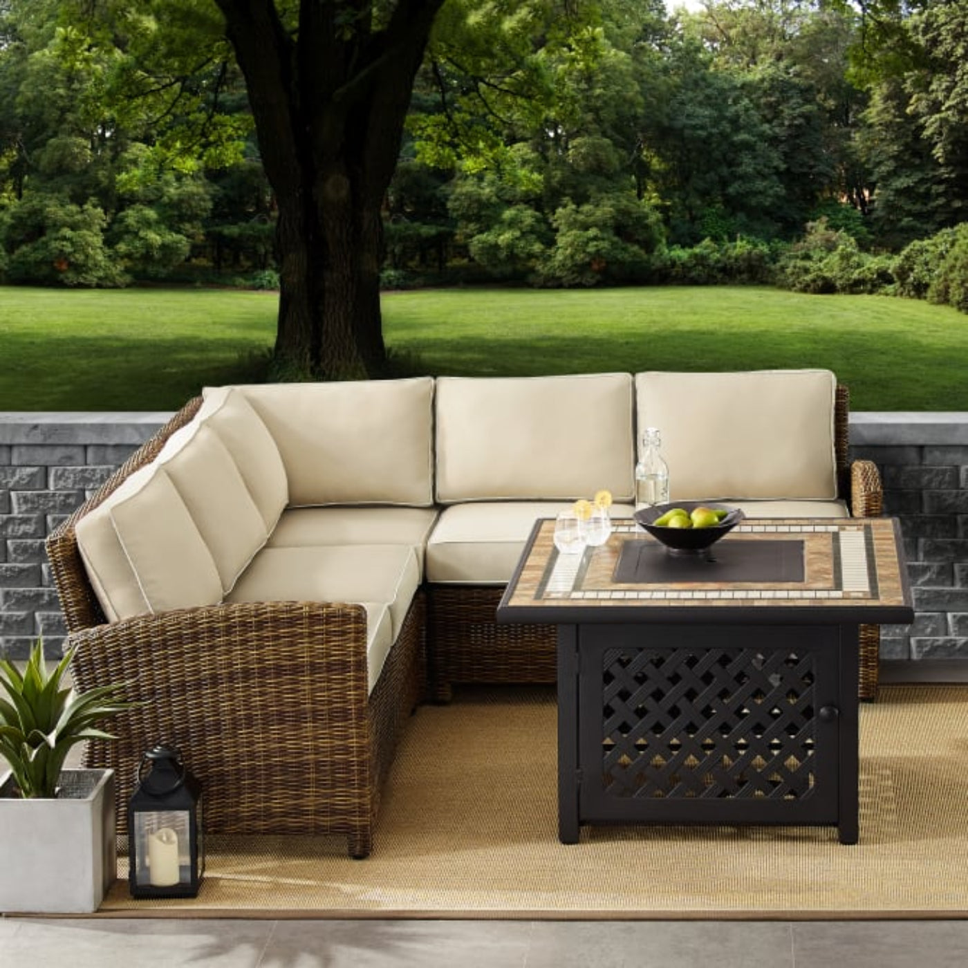 Crosley Bradenton 4pc Outdoor Wicker Sectional Set W/Fire Table - KO70157