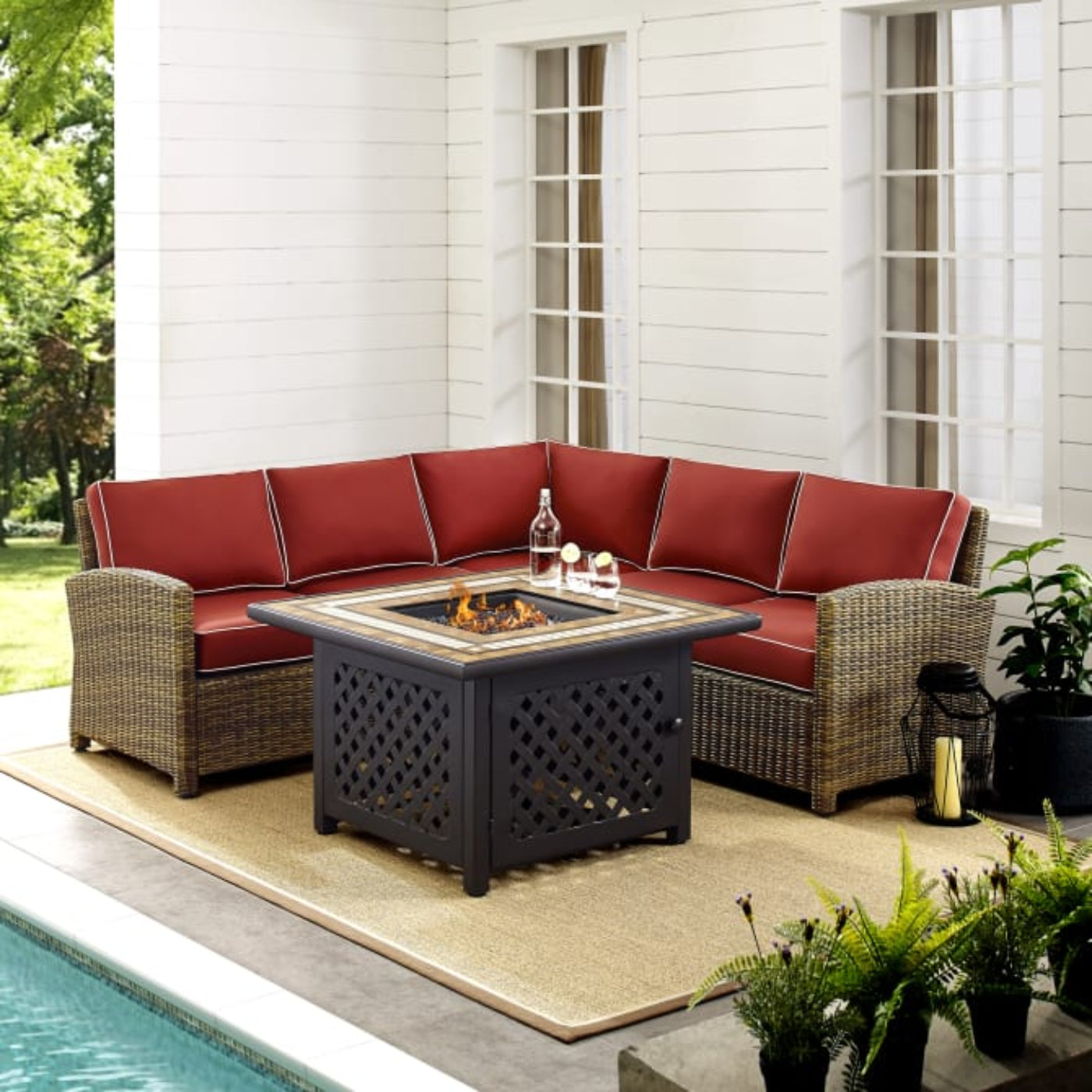 Crosley Bradenton 4pc Outdoor Wicker Sectional Set W/Fire Table - KO70157