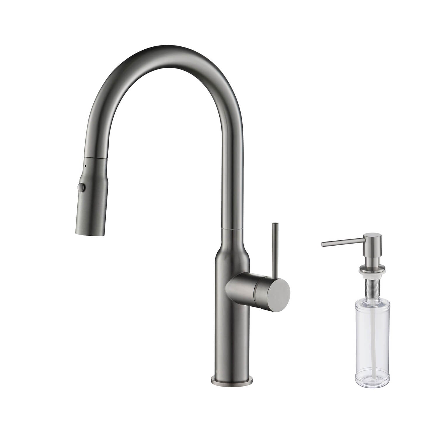 Kibi Hilo Single Handle High Arc Pull Down Kitchen Faucet With Soap Dispenser in Titanium Finish - C-KKF2008TT-KSD100TT