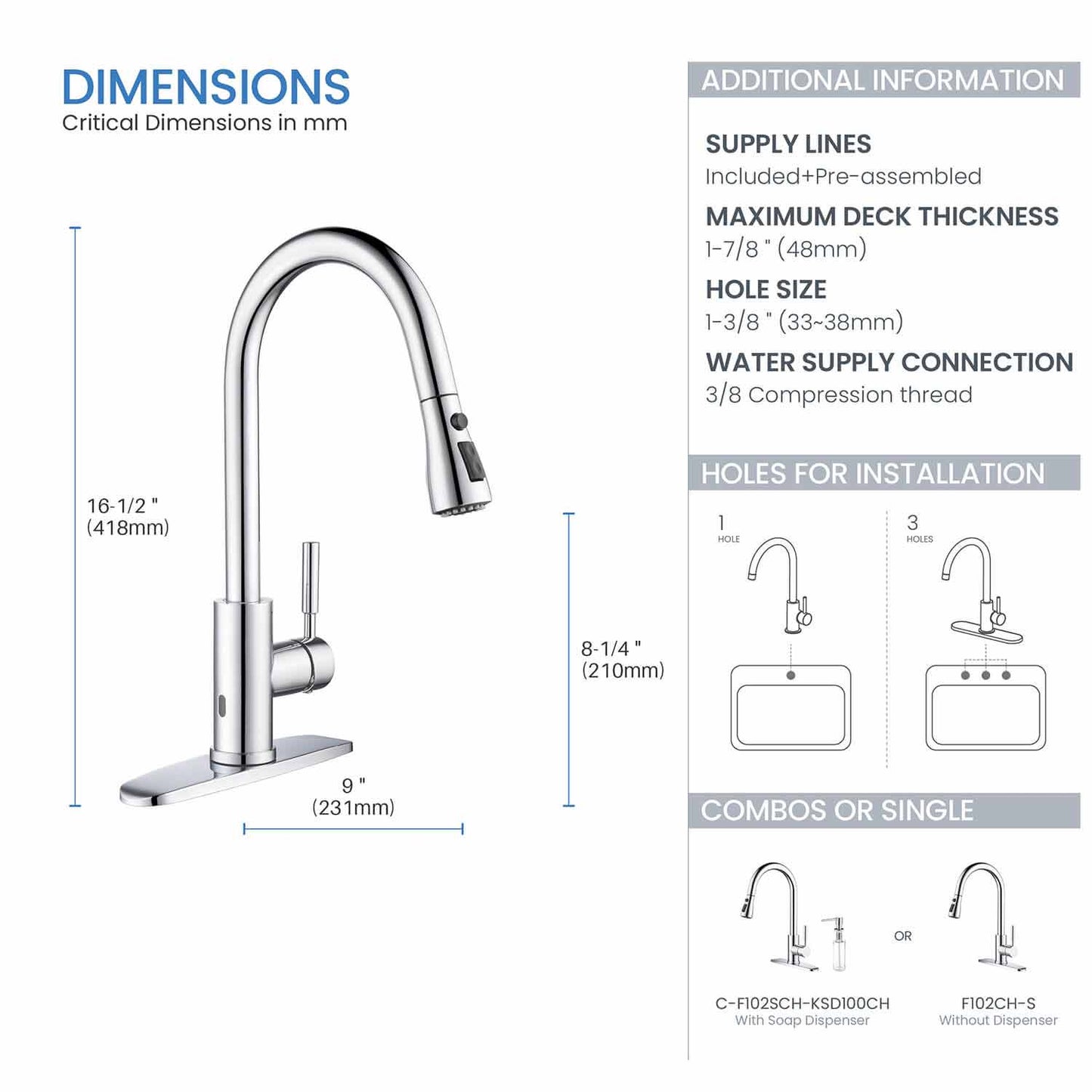 Kibi Single Handle Pull Down Kitchen Faucet With Touch Sensor In Chrome Finish - F102CH-S