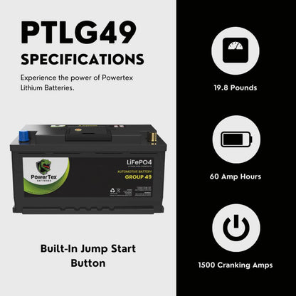 PowerTex 2011 BMW 335i Car Battery BCI Group 49 / H8 Replacement Lithium LiFePO4 Automotive Battery