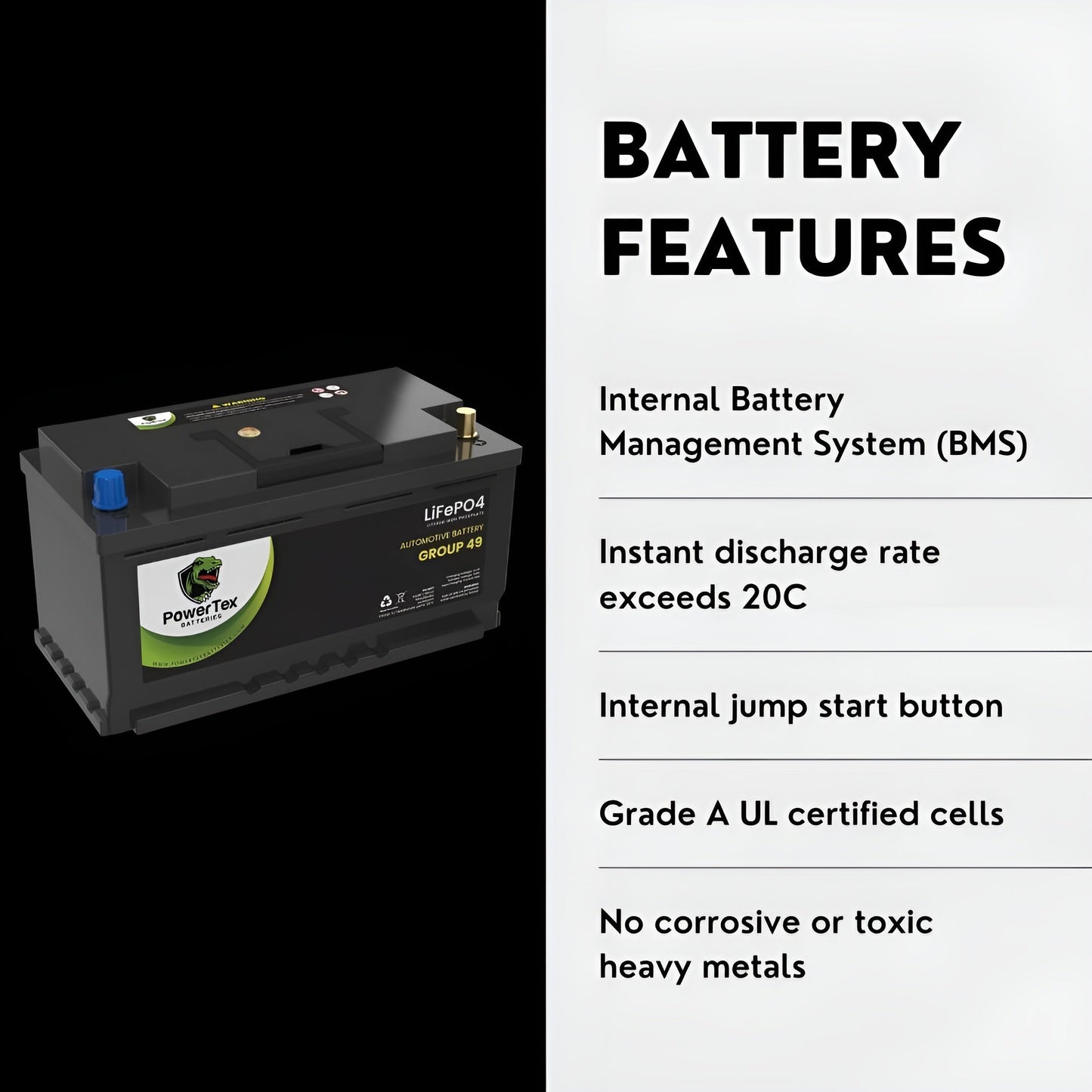 PowerTex 2015 BMW 435i Gran Coupe Car Battery BCI Group 49 / H8 Replacement Lithium LiFePO4 Automotive Battery
