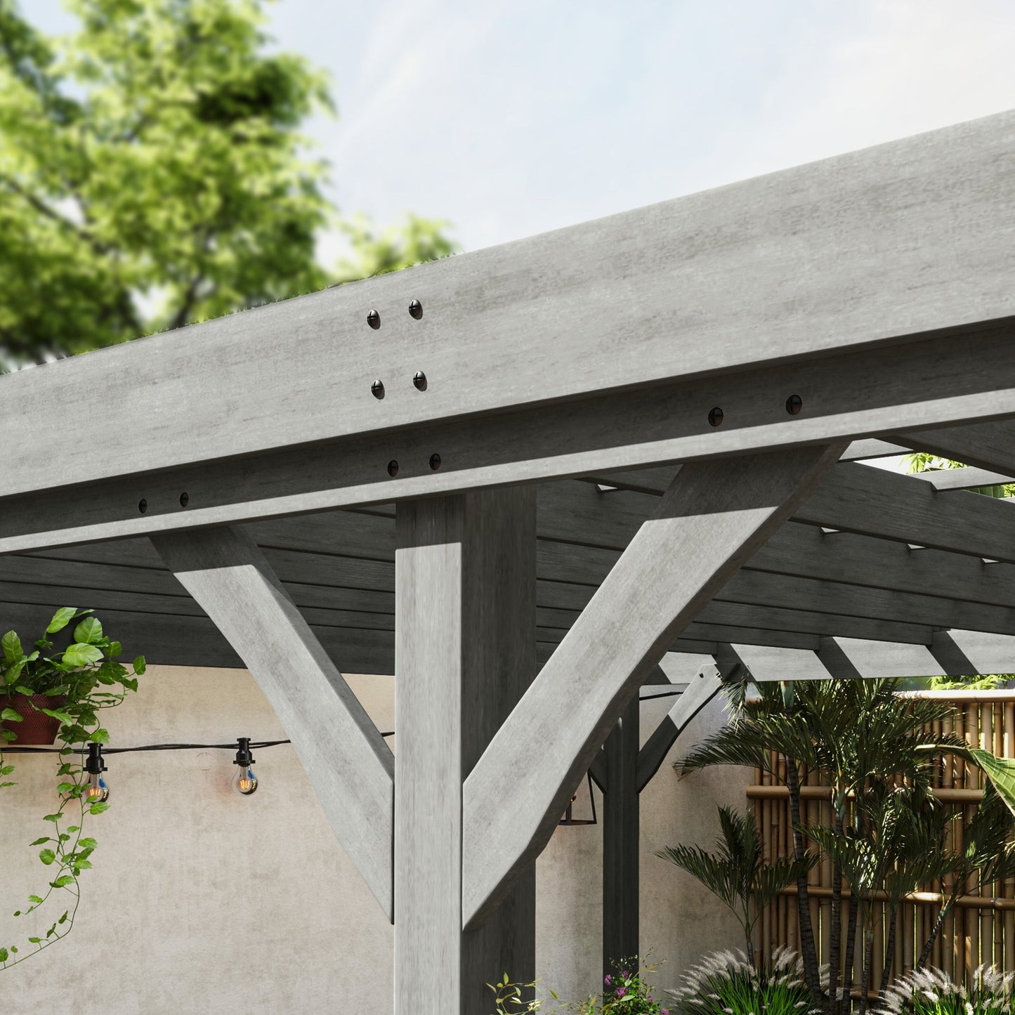 12' x 20' Wooden Pergola with Grape Vine Design & Concrete Anchors, Gray