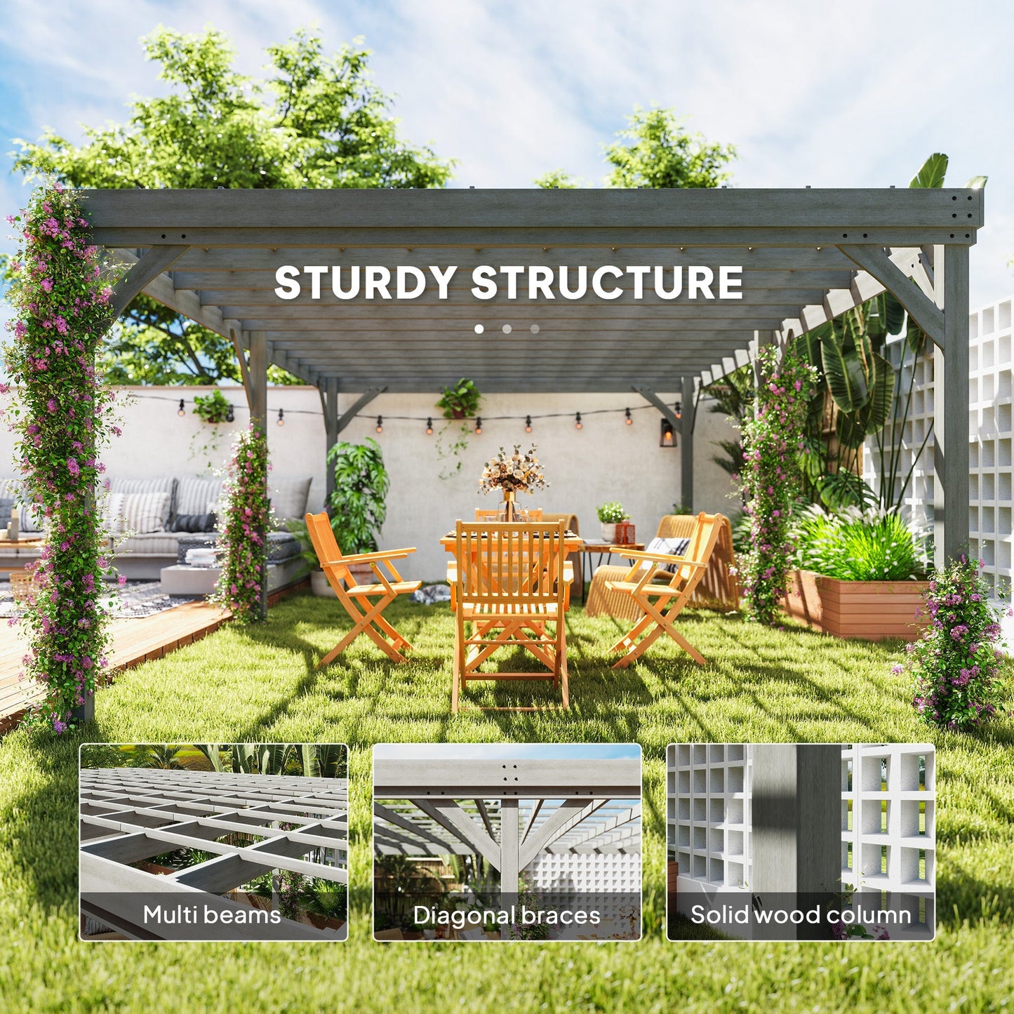 12' x 20' Wooden Pergola with Grape Vine Design & Concrete Anchors, Gray