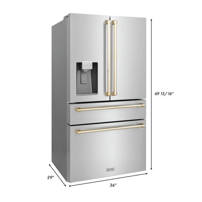 ZLINE 36 In. Autograph French Door Refrigerator with Water and Ice Dispenser in Fingerprint Resistant Stainless Steel with Gold Accents, RFMZ-W-36-G